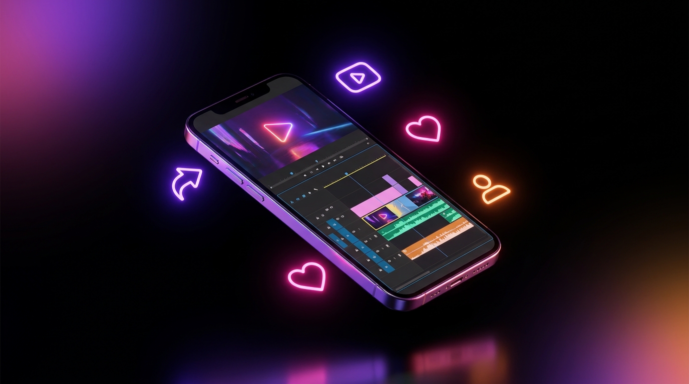 Smartphone displaying a video editing timeline with neon social media icons