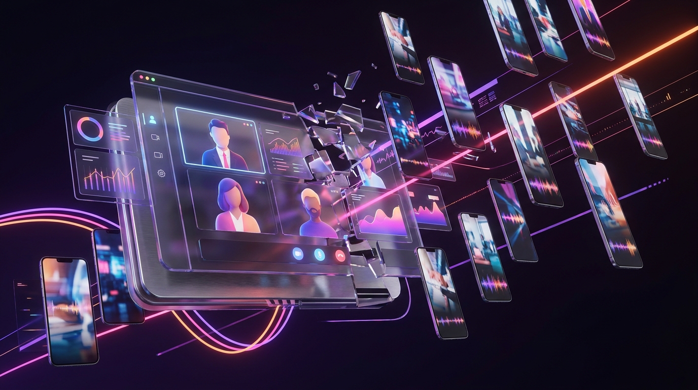 Laptop displaying AI video editing software turning a Zoom meeting into vertical clips