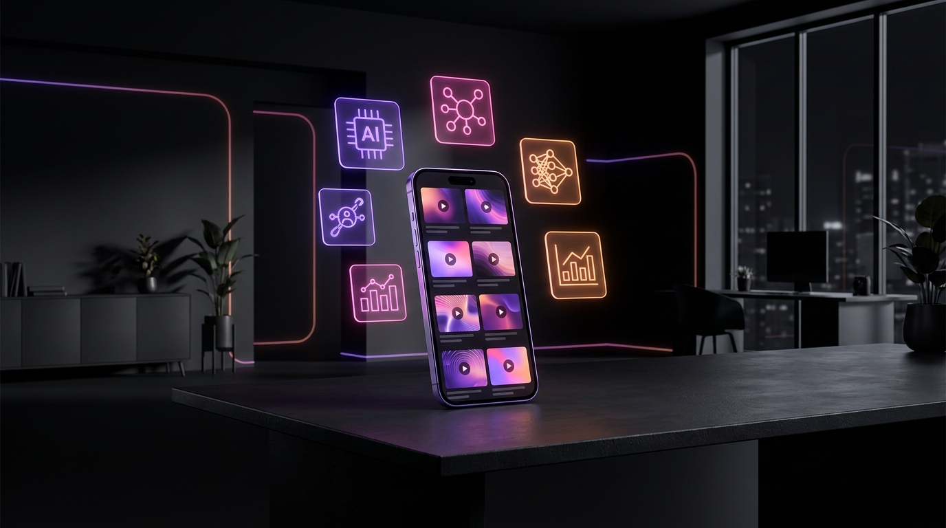 Stylized smartphone displaying vertical video clips floating on a dark neon background