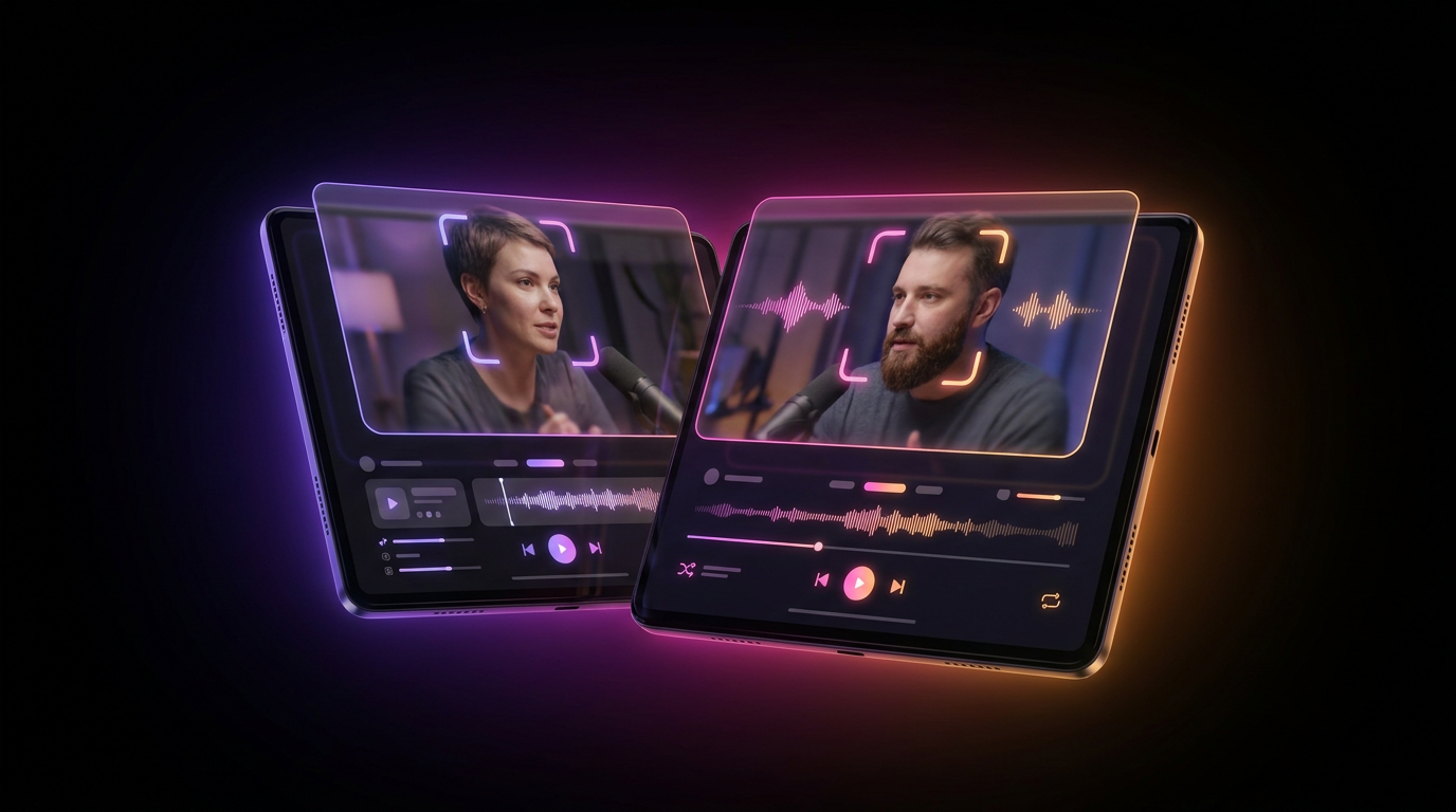 Holographic vertical screens showing split-screen layouts over a modern podcast microphone.