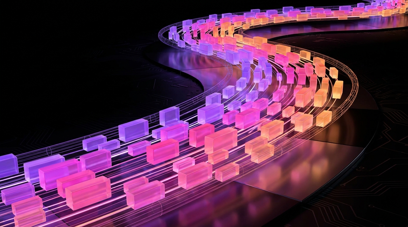 A 3D rendering of multiple video timelines merging into a single glowing processing pipeline