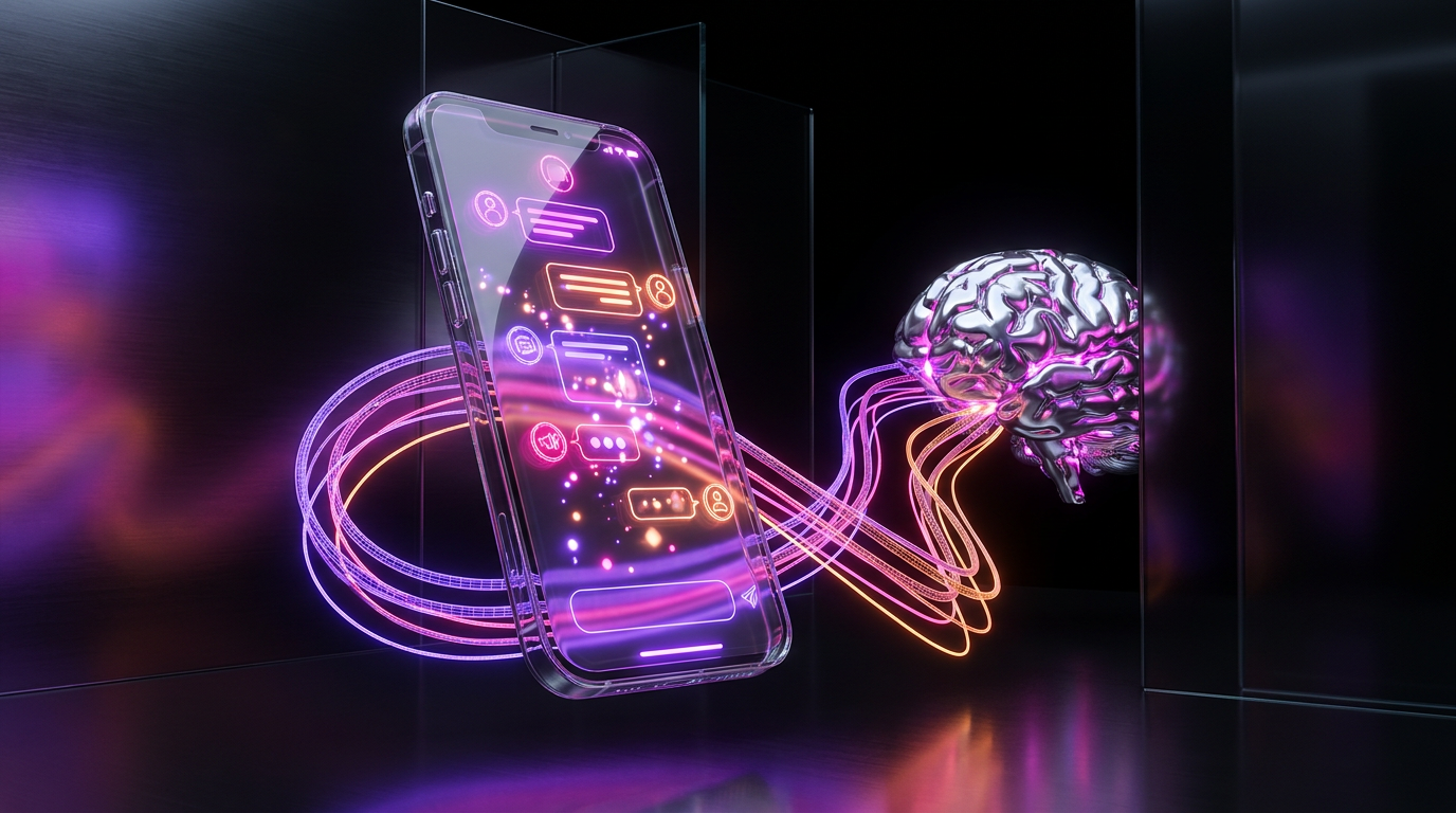 Futuristic smartphone processing automated messages on a dark neon gradient background