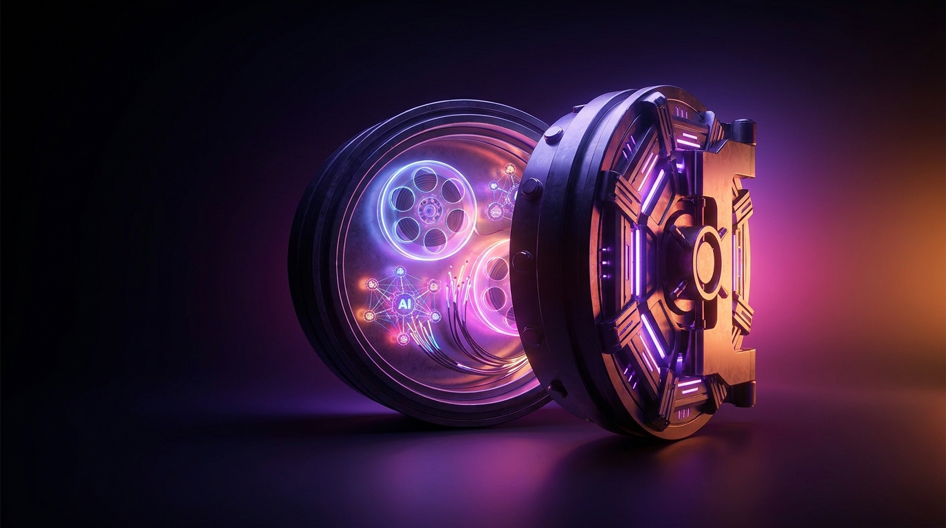 A glowing digital padlock securing a video filmstrip against a dark background.