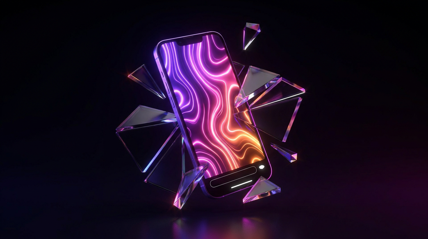Glowing video play button breaking chains on a dark neon gradient background