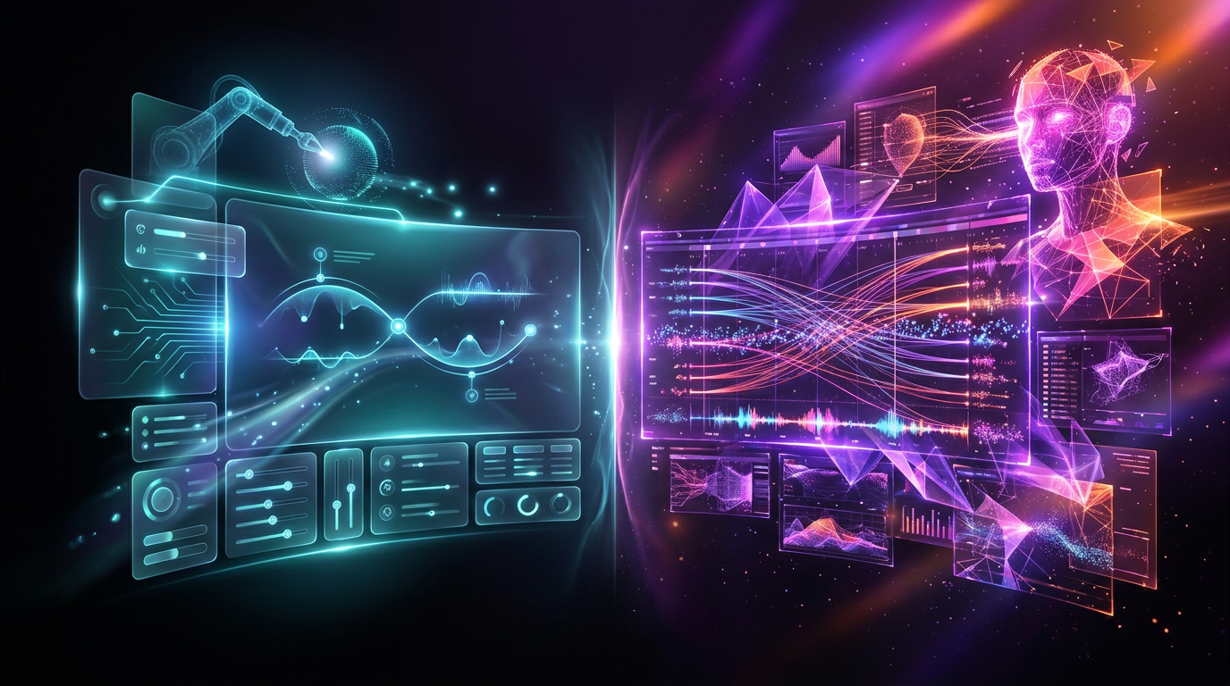 Two glowing digital screens facing each other on a dark neon background.