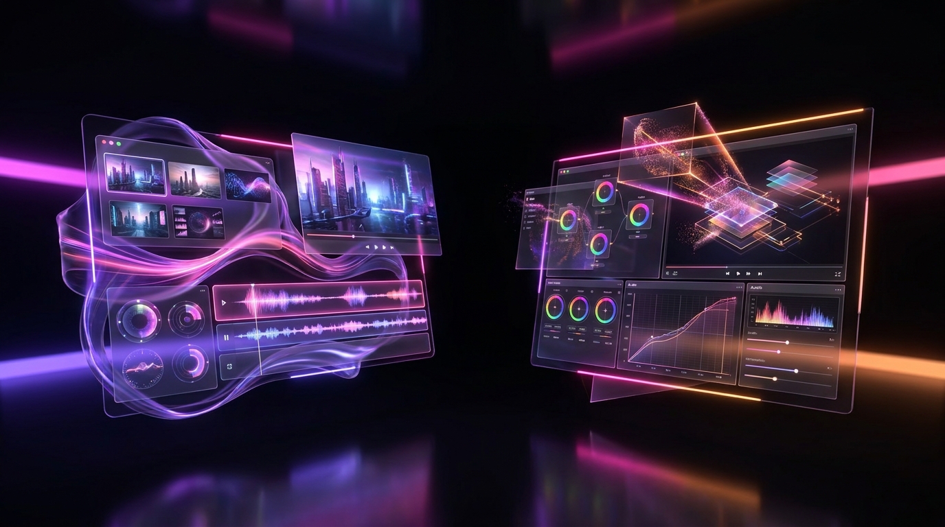 Two glowing abstract geometric shapes clashing against a dark neon background