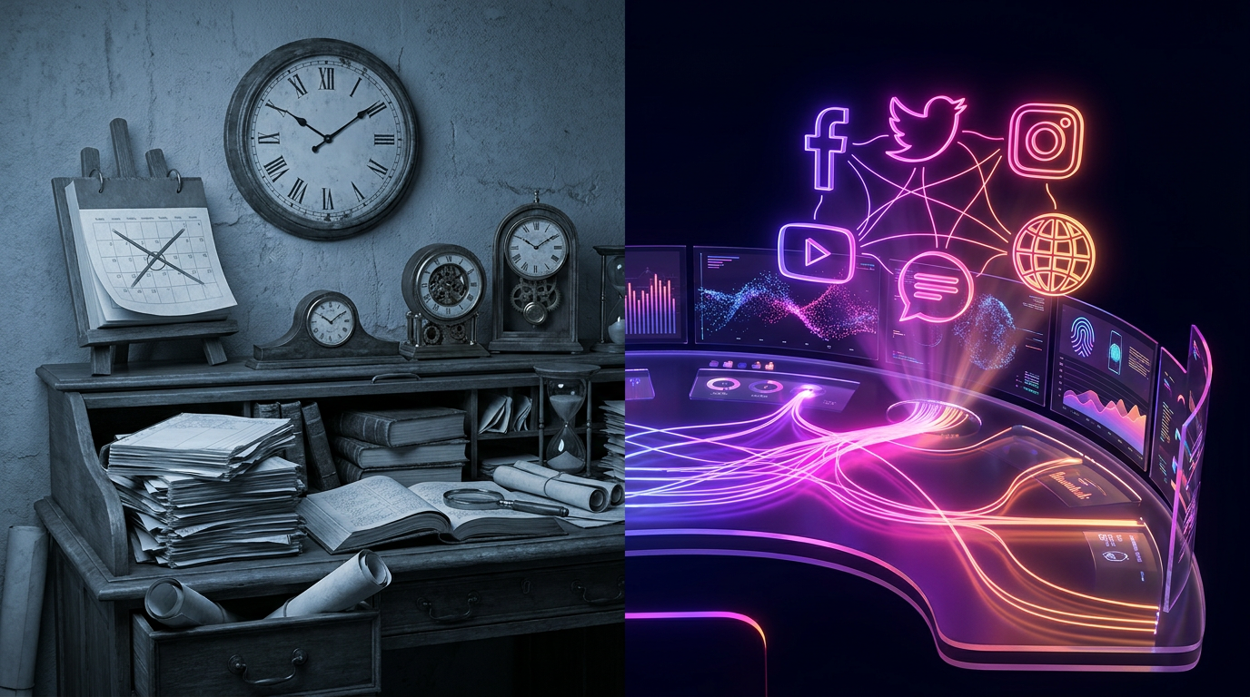 A glowing digital stopwatch merging with a video editing timeline on a dark background.