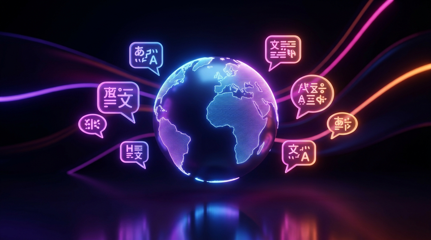 Glowing speech bubbles with language symbols floating over a smartphone screen