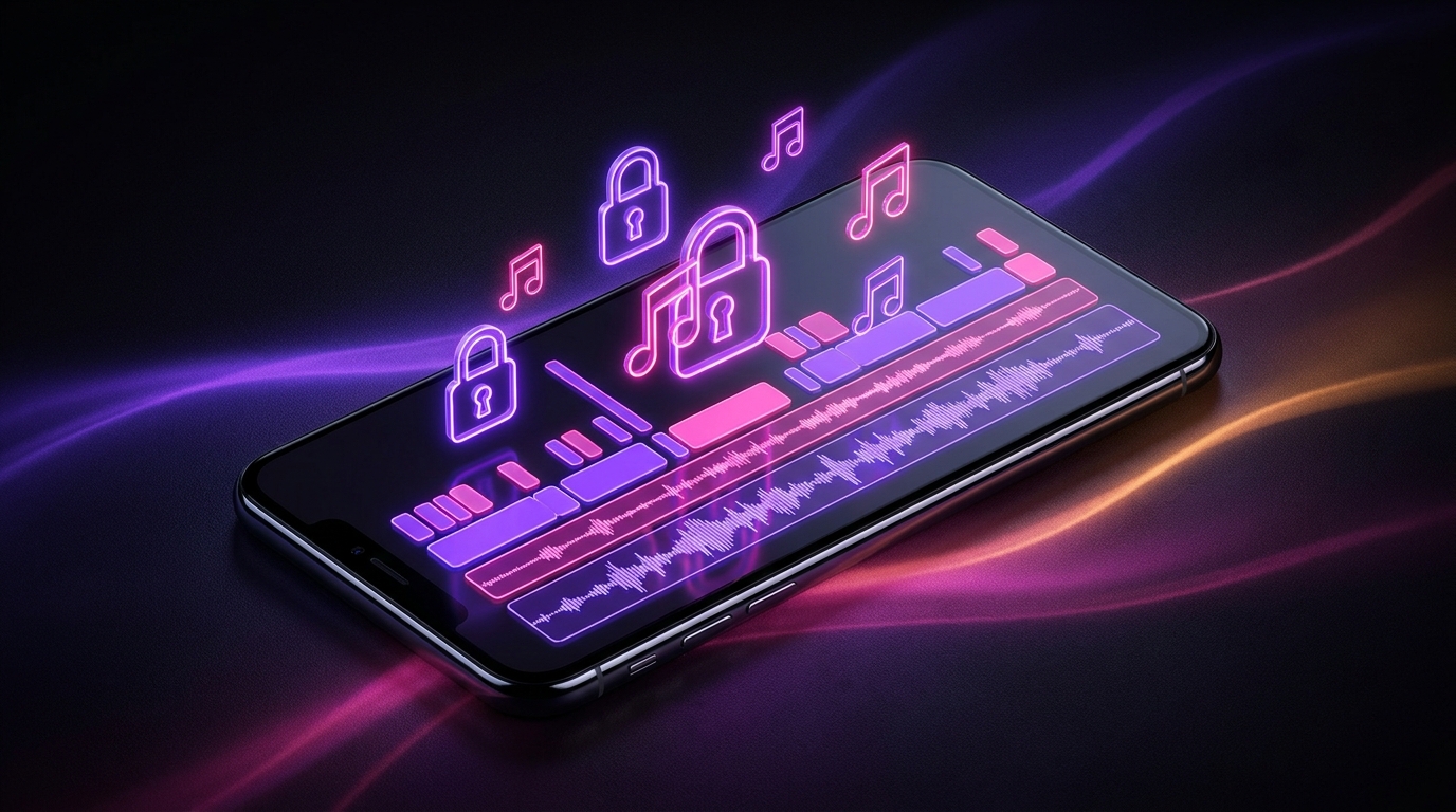 Glowing audio waveforms and copyright symbols floating over a dark gradient background