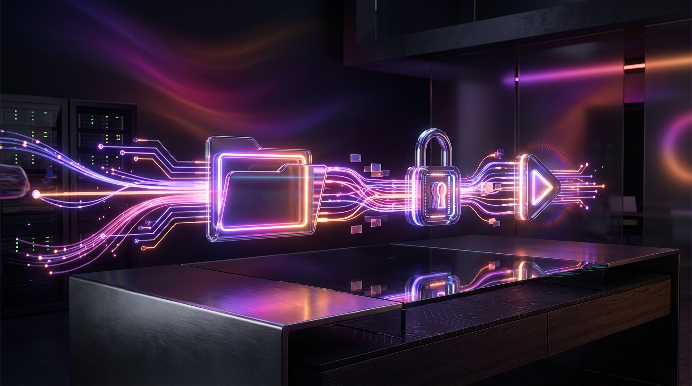 Digital workspace with a tablet showing secure access credentials illuminated by neon purple lighting.