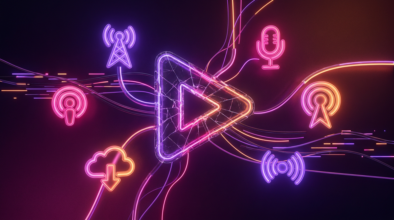 A glowing purple play button shattering into colorful neon fragments on a dark background