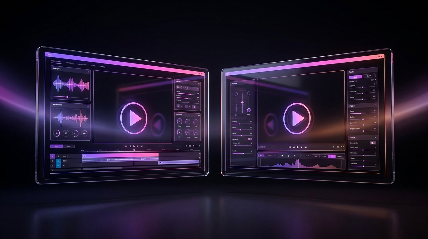 Abstract digital video timeline intersecting with glowing neon AI neural networks
