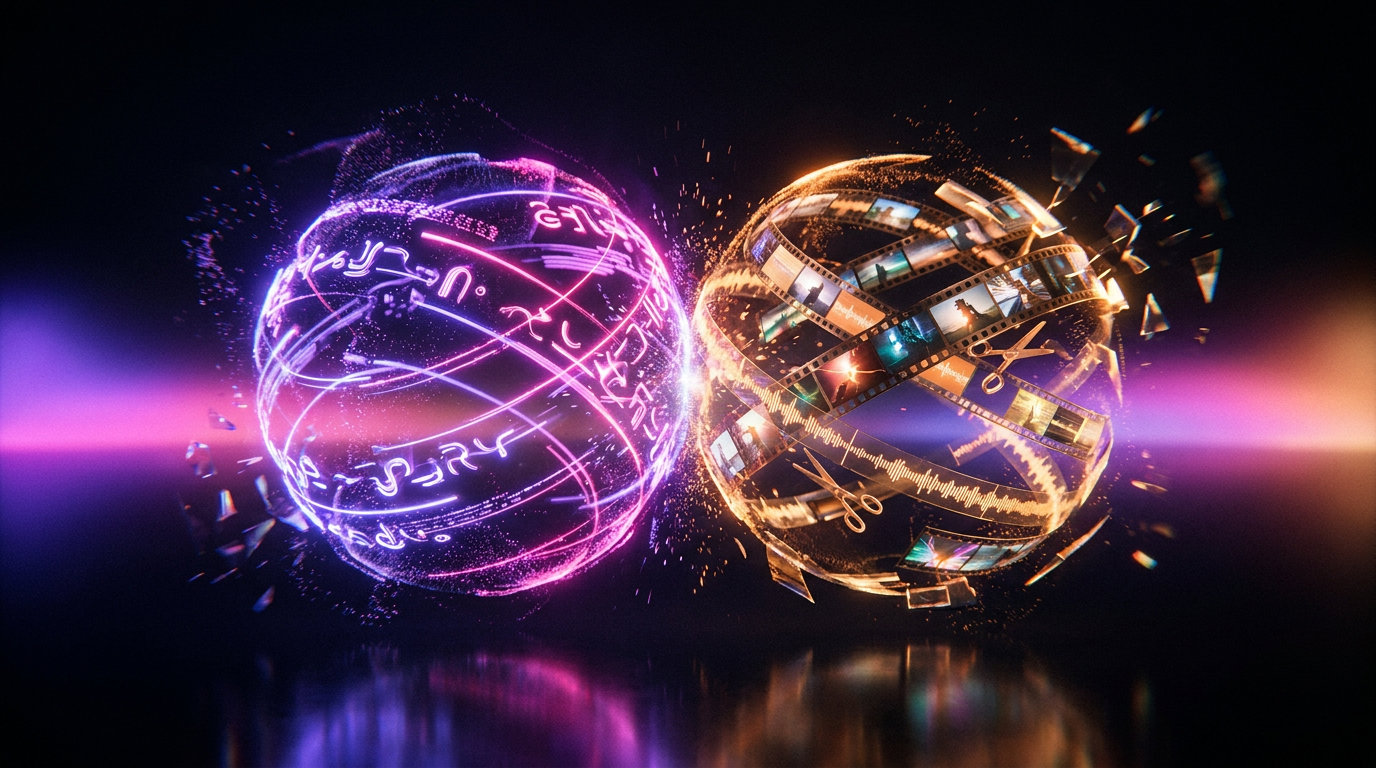 Two glowing smartphones displaying floating captions and soundwaves on a dark background