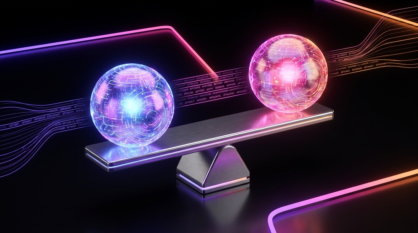 Two robotic arms editing floating video frames against a neon gradient background