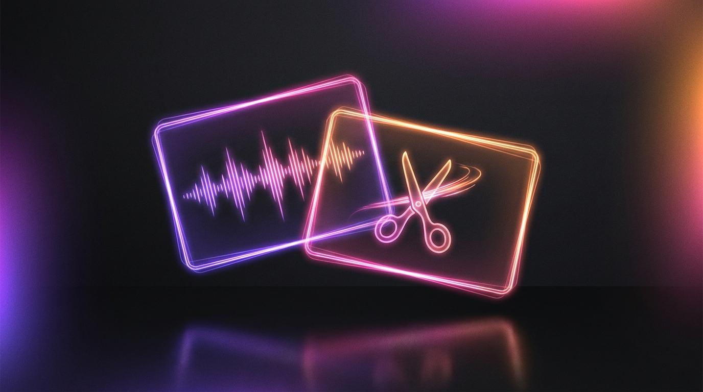 3D rendering of two AI video editing interfaces with glowing neon accents