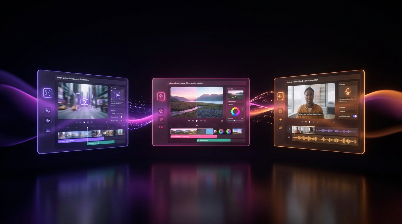 Three glowing video play buttons on pedestals in a dark neon room