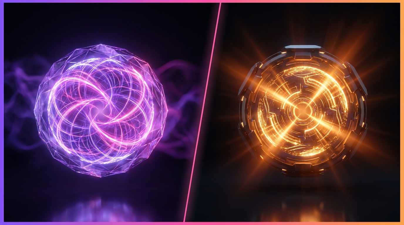 Split screen showing video timelines and digital waveforms in neon purple and orange