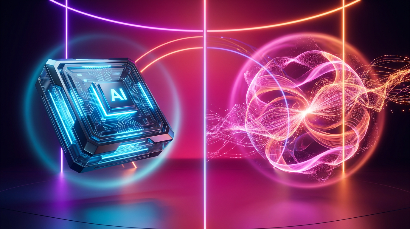 Two glowing futuristic video play buttons colliding on a dark background