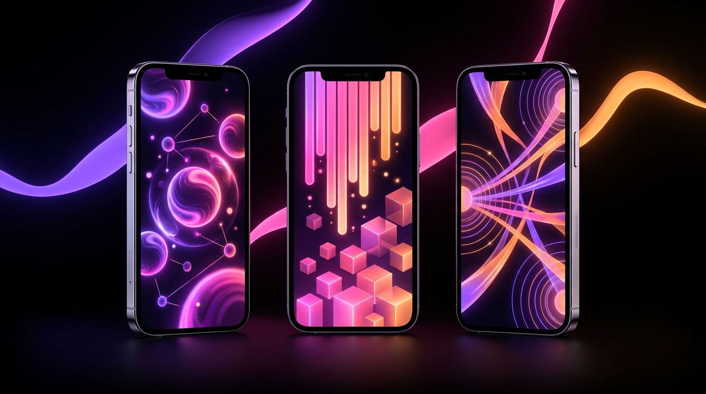 Three smartphones glowing with vertical video interfaces against a dark neon background