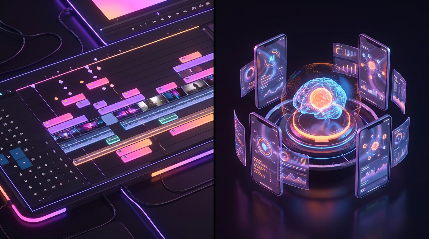 Split screen comparing a complex video editing timeline with a sleek vertical video interface
