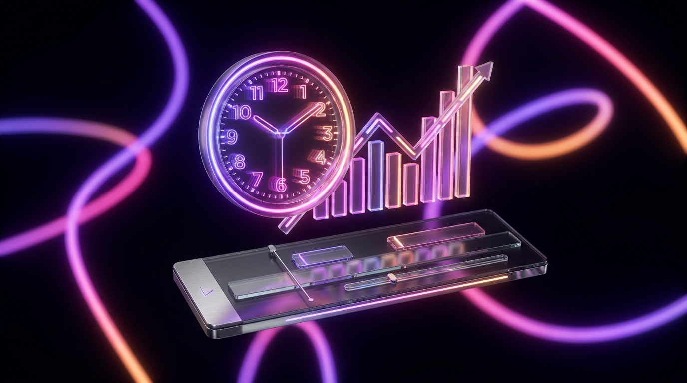 A glowing digital stopwatch intersecting with a gold coin and film strips