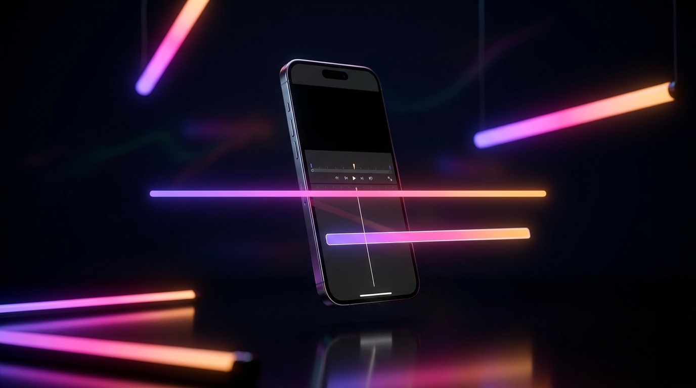 Abstract 3D representation of vertical video timelines expanding on a dark neon gradient background