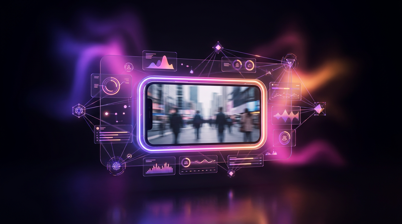 Glowing 3D analytics dashboard showing video metrics and a play button on dark background