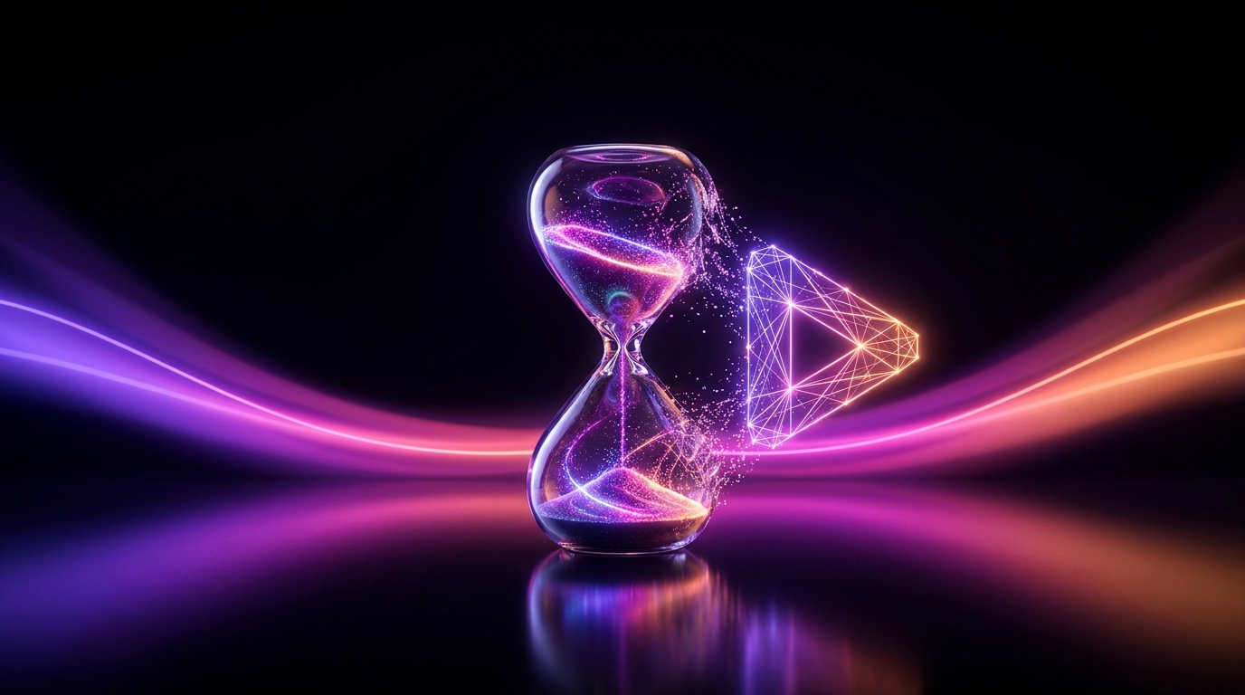 Glowing hourglass and robotic arm holding a smartphone on a dark background