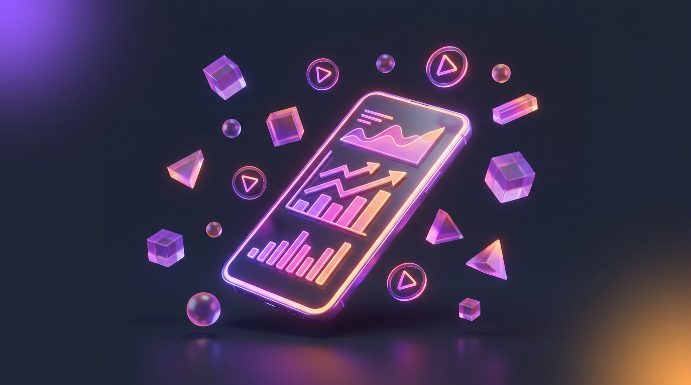 Smartphone displaying rising analytics graph illuminated by neon purple and pink lighting