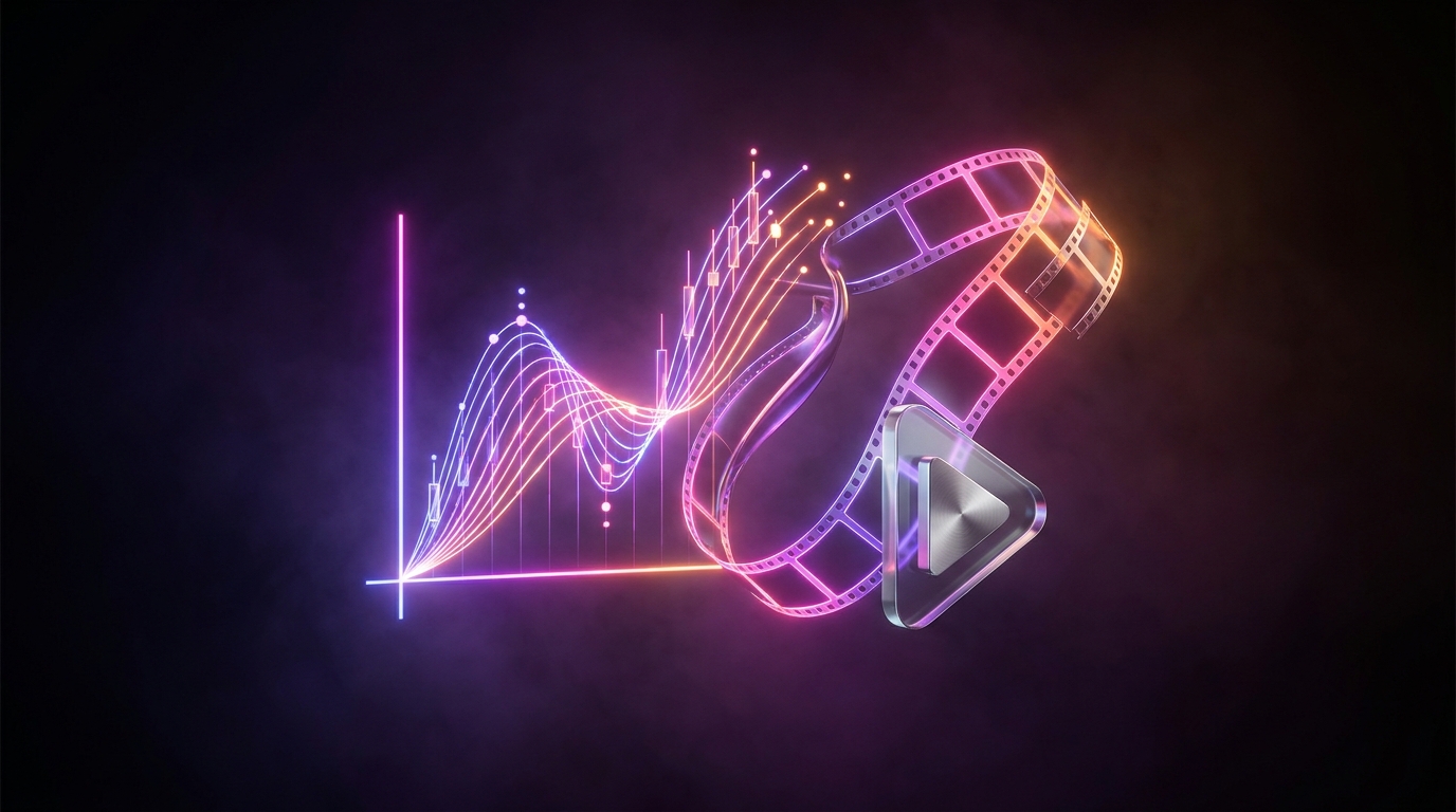 3D glowing ROI chart with floating video icons on dark background