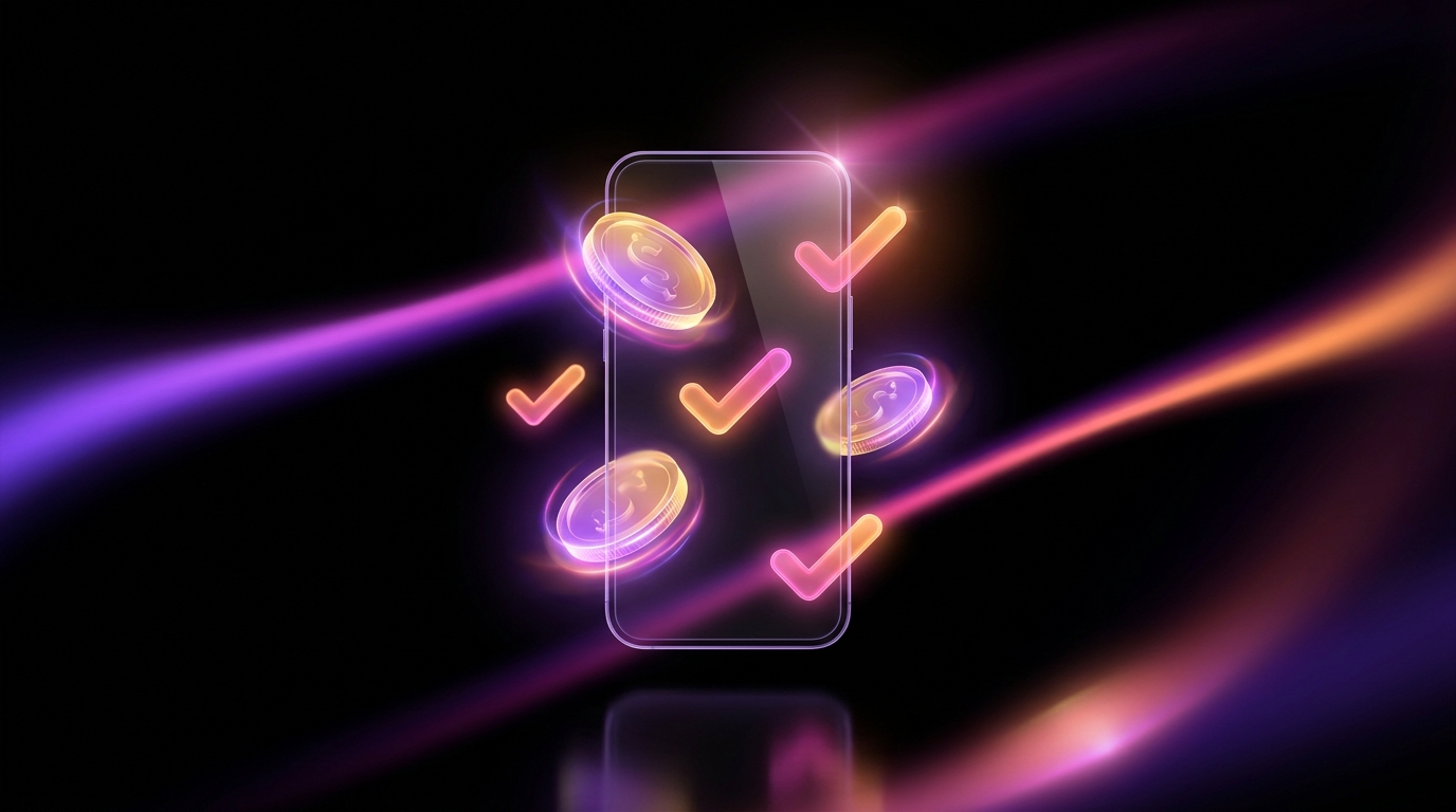 Smartphone displaying a digital dashboard with neon purple and pink gradient accents