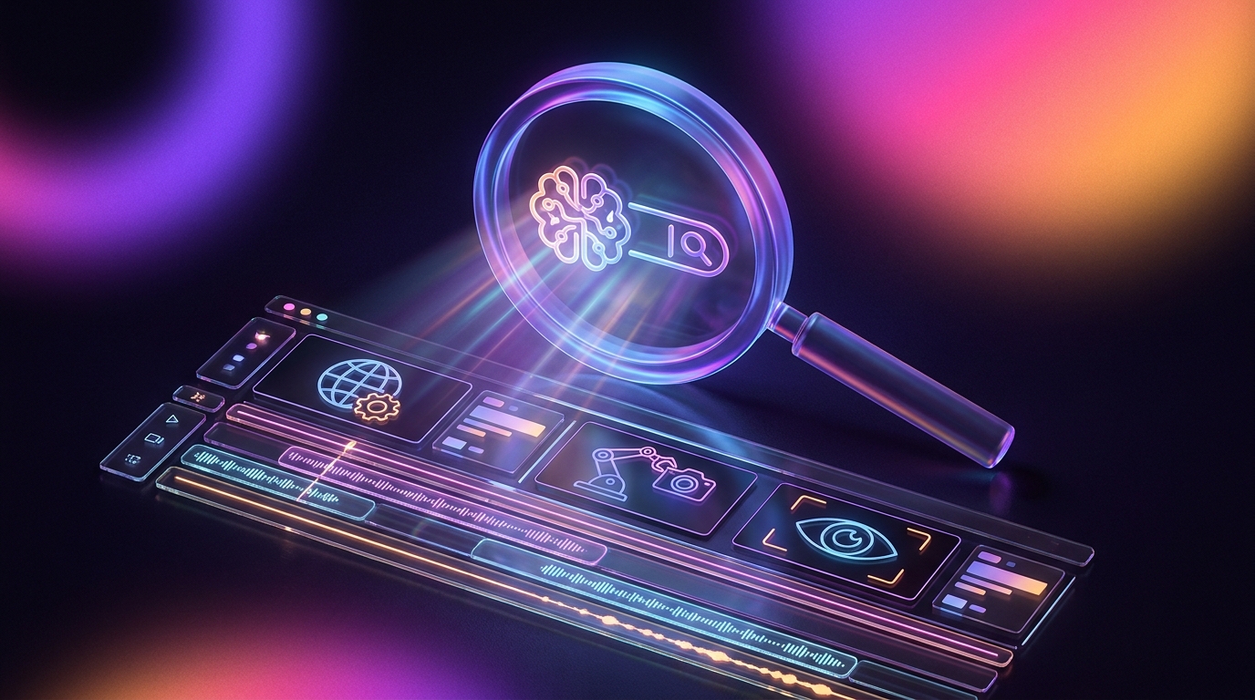 A smartphone displaying a search interface illuminated by neon purple and orange lights
