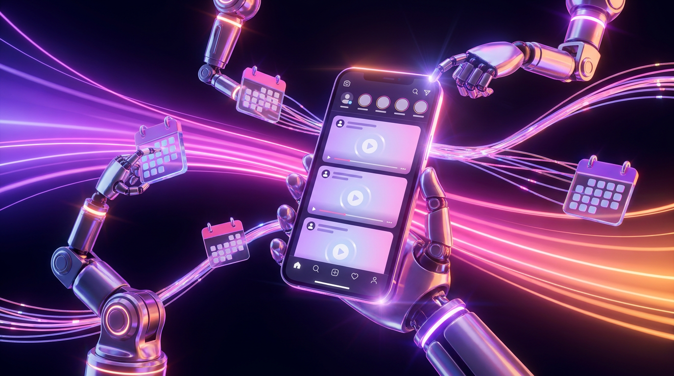 Smartphone screen showing a content calendar connected to a glowing TikTok logo via data streams