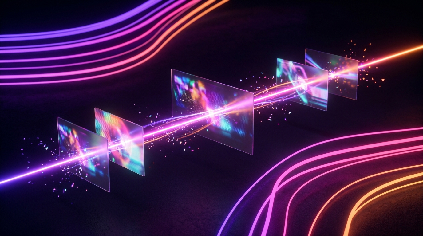 A digital credit card dissolving into glowing pixels over a video timeline