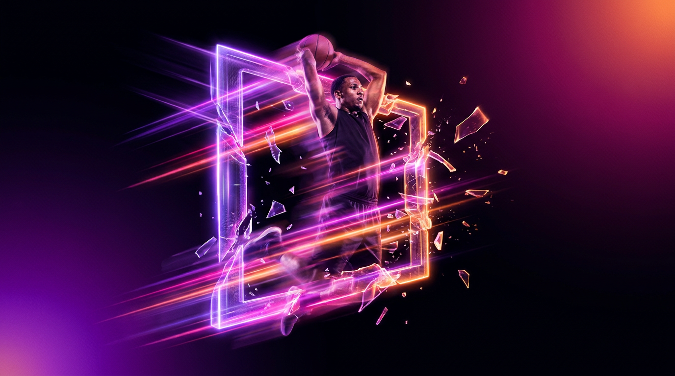 Glowing digital sports equipment intersecting with a futuristic video editing timeline