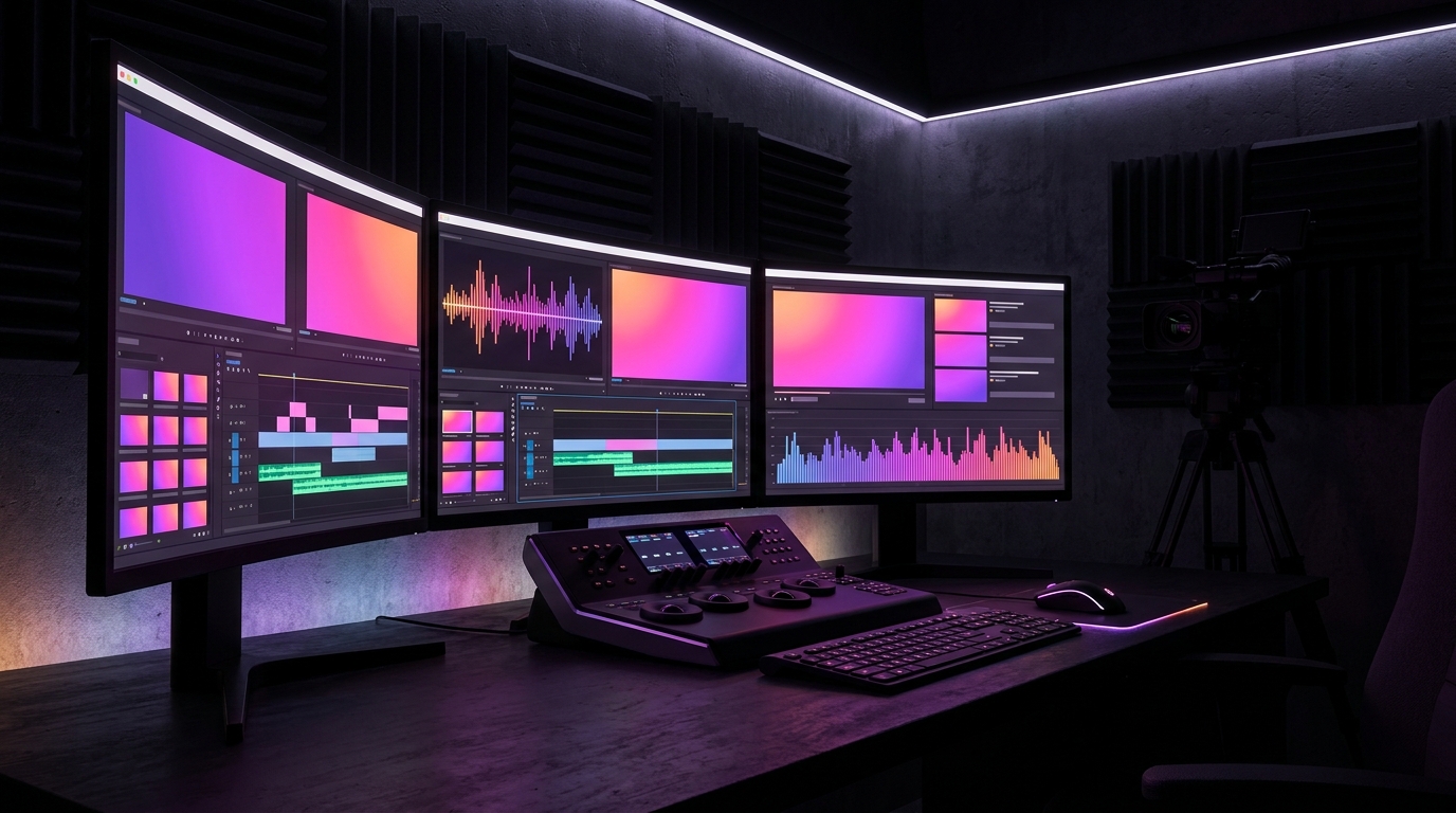 Dual monitor video editing workspace with neon purple and orange lighting