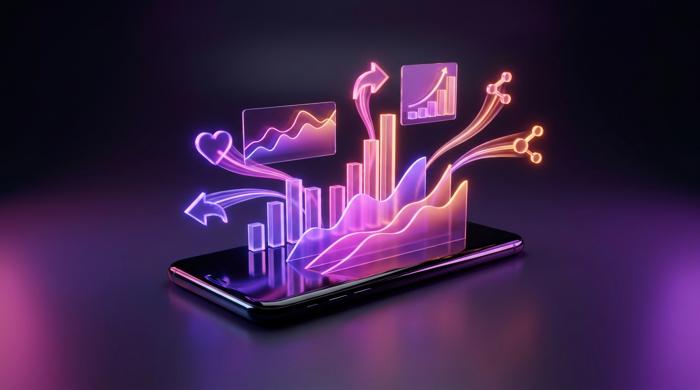 Glowing holographic data charts and graphs floating above a smartphone showing video metrics.