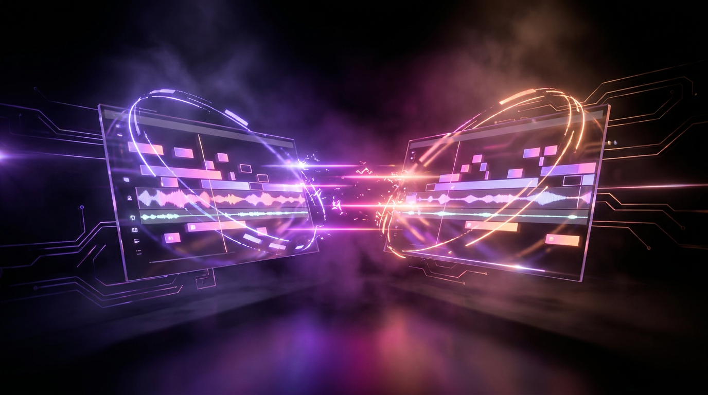 A futuristic scale balancing two video editing icons against a neon gradient background.