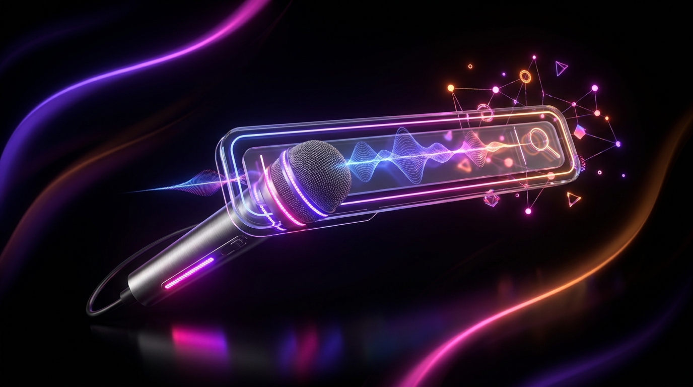 A glowing microphone emitting digital search bars and neon soundwaves