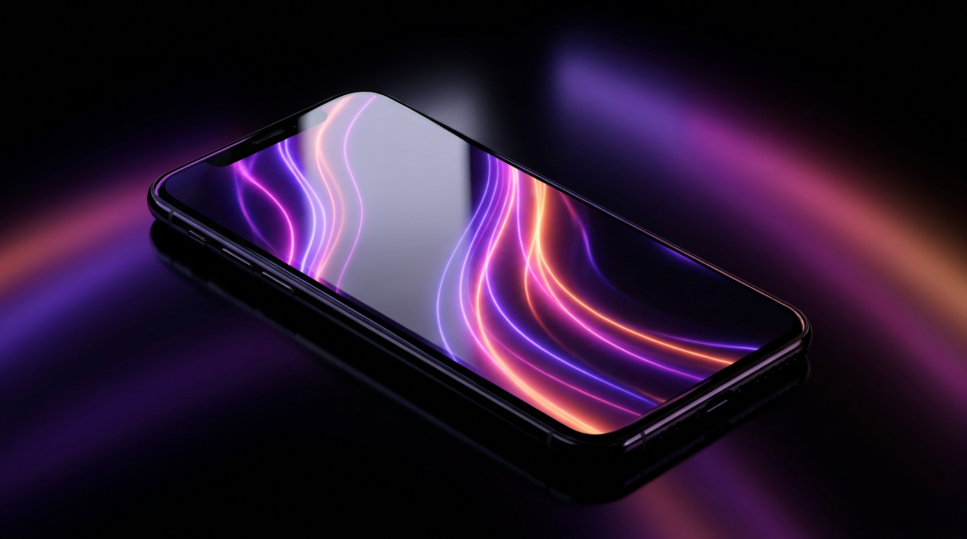 Glowing 3D typography floating above a smartphone against a dark neon lit background