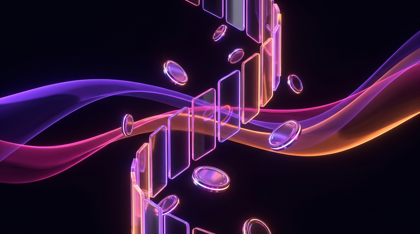 Glowing digital play button transforming into coins on a dark background