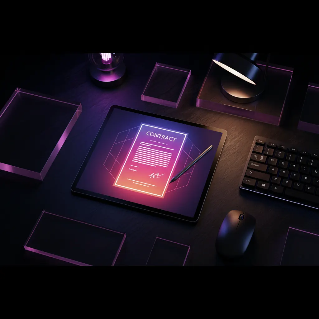 Digital contract glowing with neon purple and orange accents on a dark editing desk