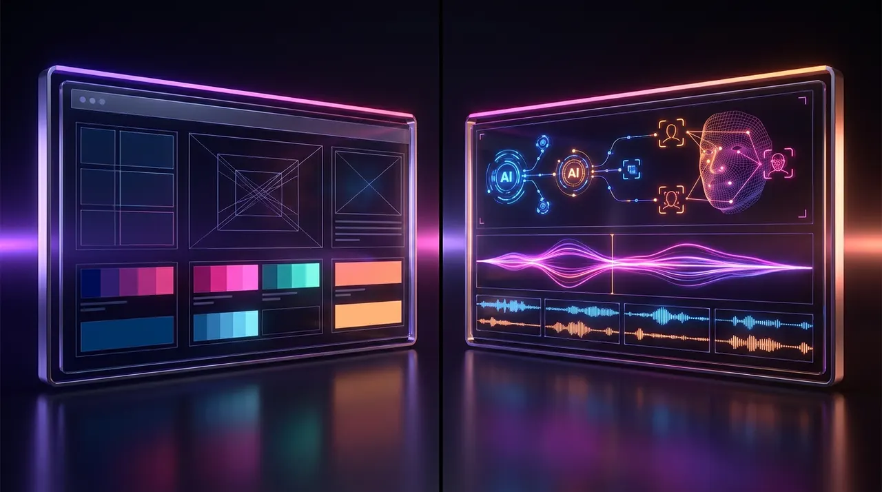 Split screen showing a digital timeline and a glowing futuristic AI microchip