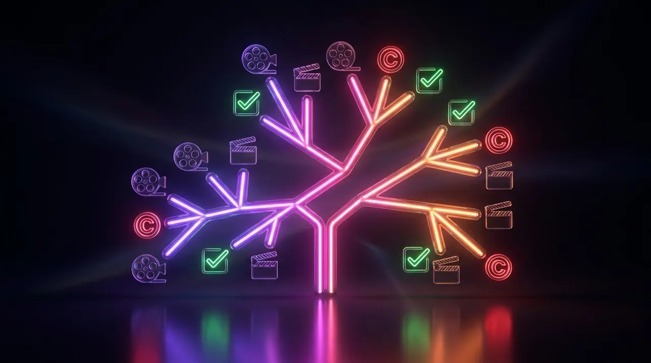 A digital padlock over a video editing timeline with neon accents