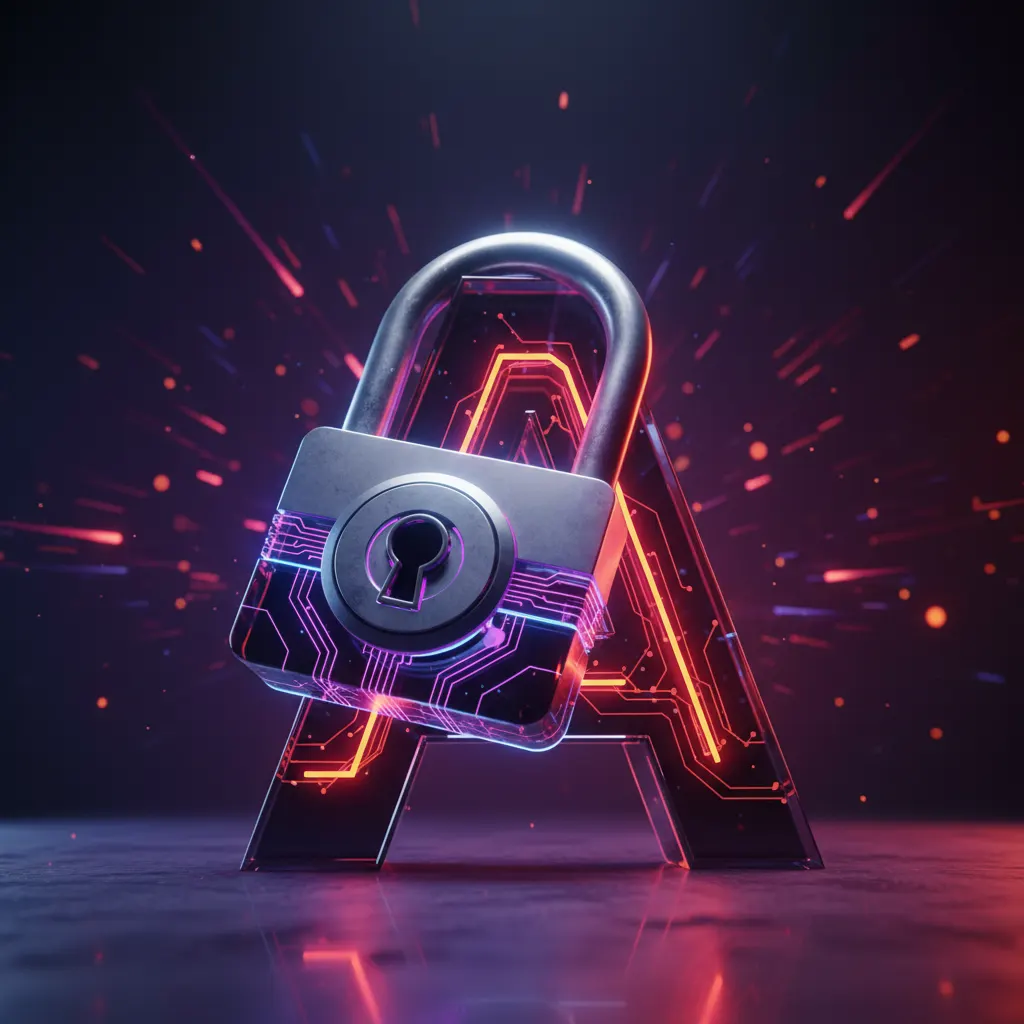 A glowing digital padlock securing a typography grid on a dark background