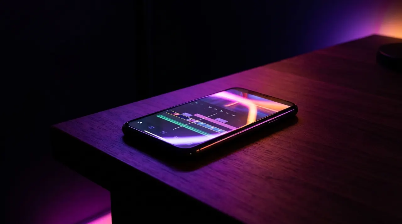 Digital workspace with a glowing calculator and video editing timeline on a monitor