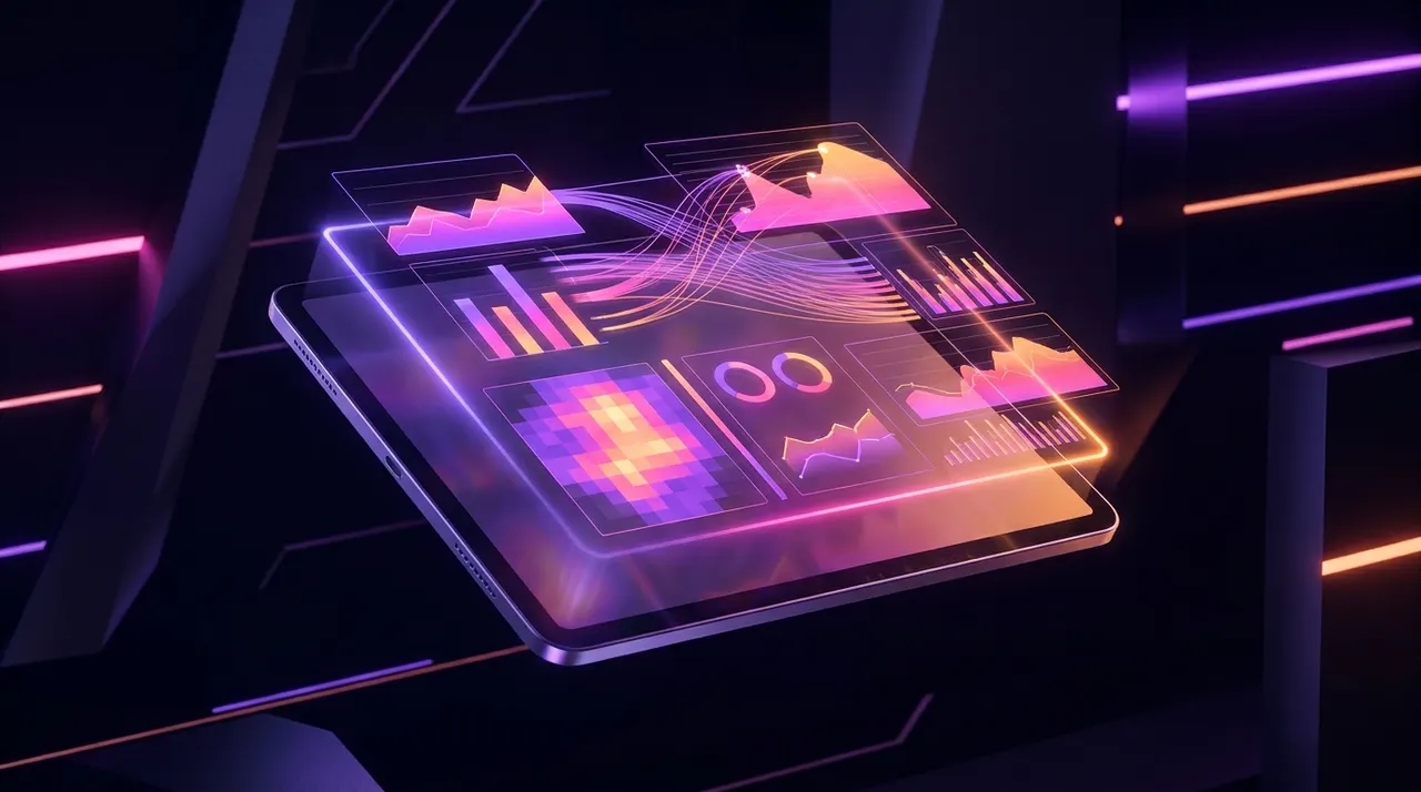 Glowing analytics dashboard on a dark desk with purple and orange accents