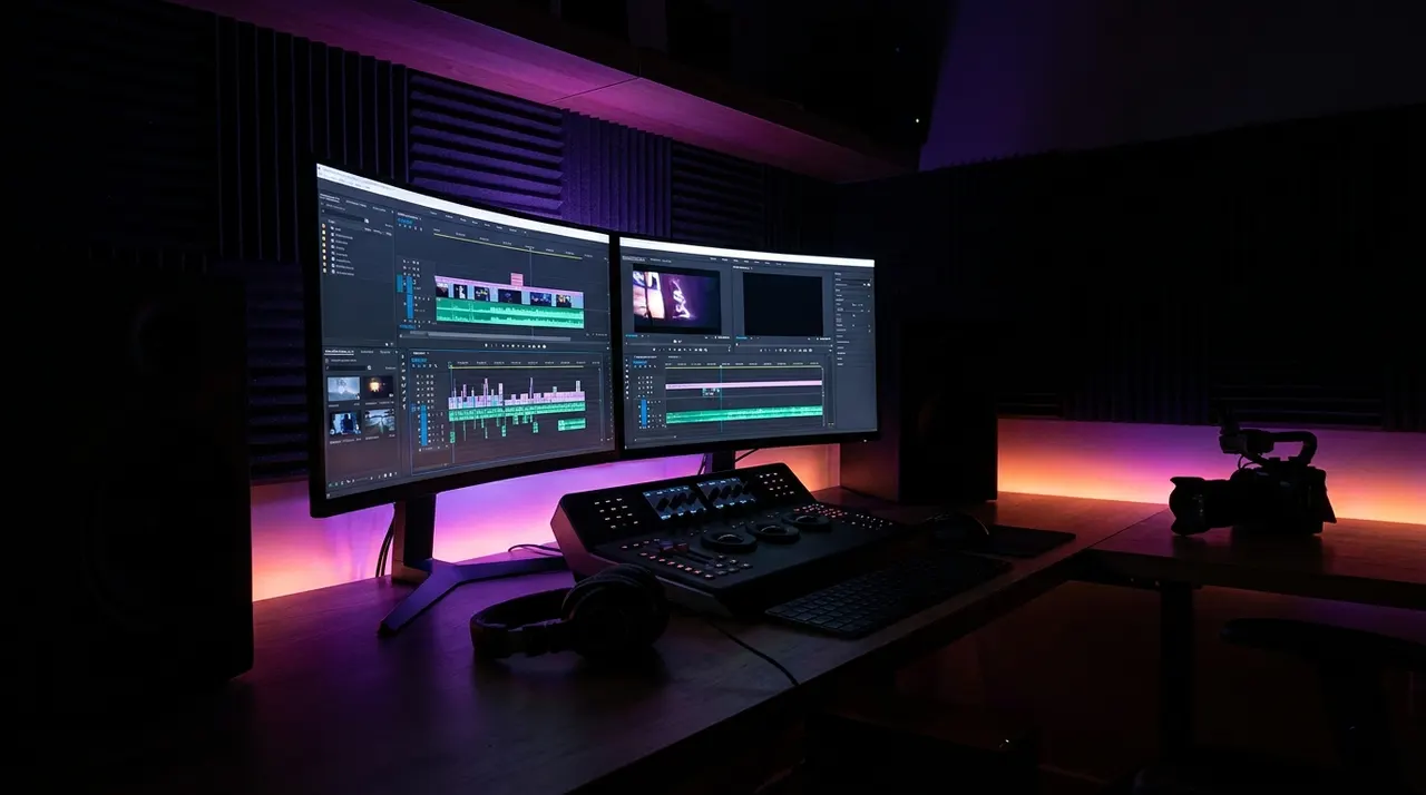 A computer monitor displaying a video editing timeline in a neon-lit room
