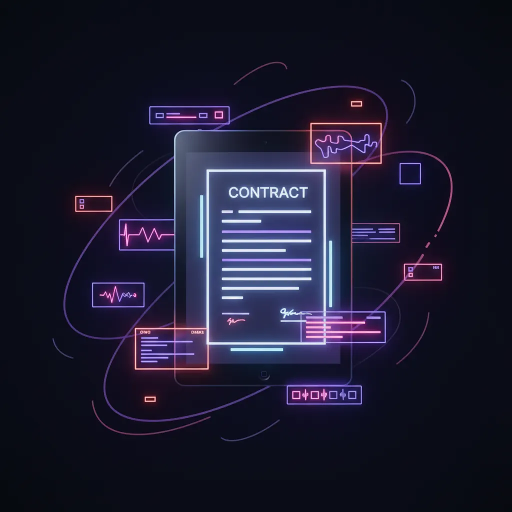 A digital tablet displaying a contract on a dark desk with neon accents
