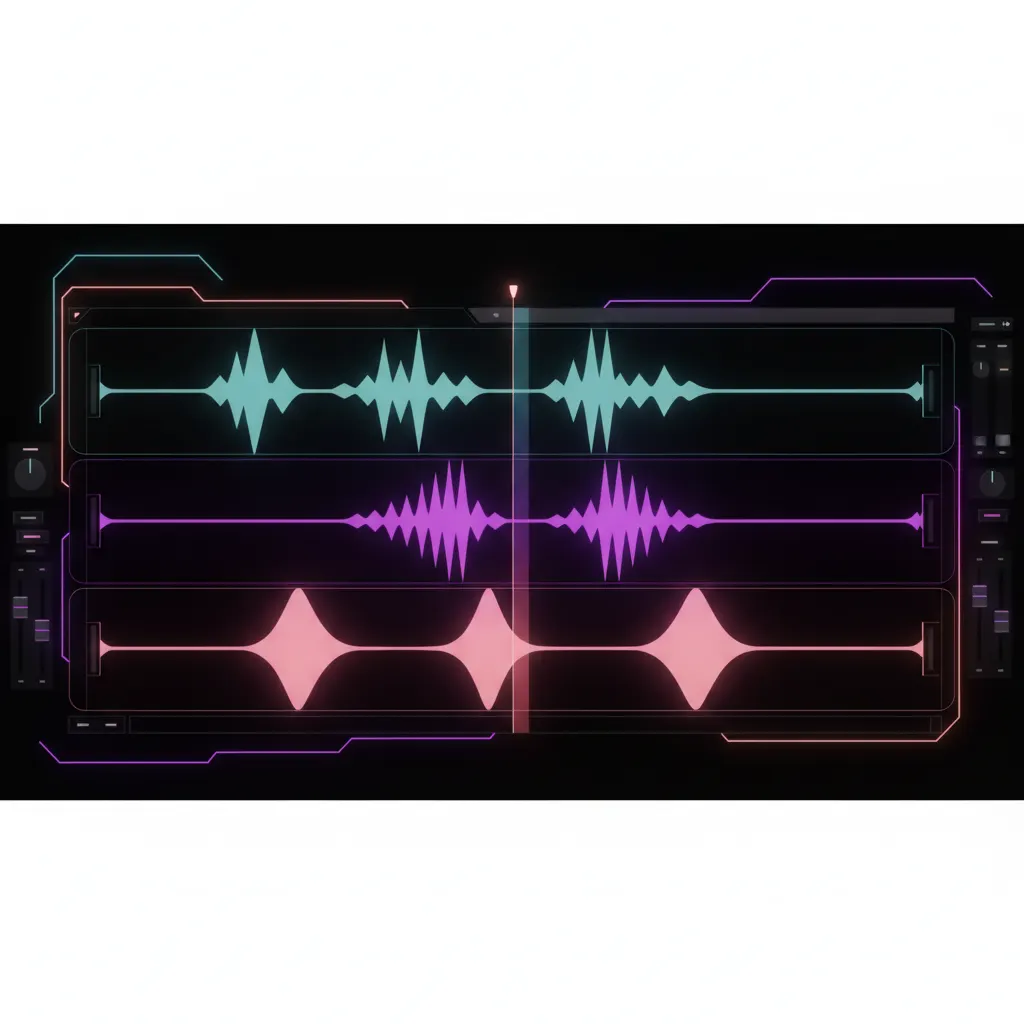Two overlapping audio waveforms on a digital timeline with neon purple and orange accents